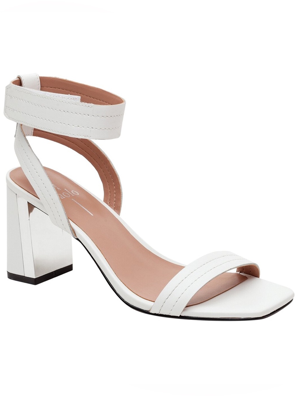 Paolo White Block Heel Ankle-Strap Sandal and silver heel inside face
